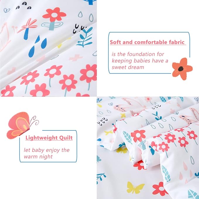 PERFEMET Girls Toddler Bedding Colorful Flower Blossom Comforter Set Butterfly Print Toddler Bedding Sets Ultra Soft Lightweight Bed-in-A-Bag for Toddlers(4 Pieces, White)