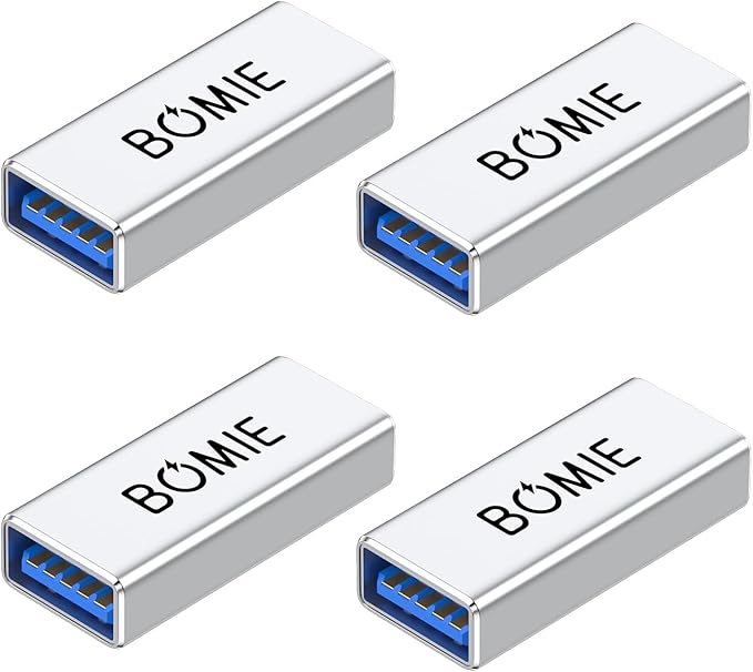 BOMIE USB Female to Female Adapter 4 Pack, USB 3.0 Type-A Female to Female Extension Adapter Connector, 5Gbps Data Transfer and Charging for Connecting Extension Two USB-A Male Ends Cable Silver