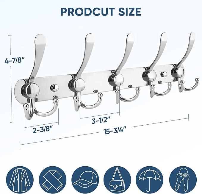 TICONN Wall Mounted Coat Rack, Five Heavy Duty Tri Hooks All Metal Construction for Jacket Coat Hat in Mudroom Entryway (Chrome, 1-Pack)
