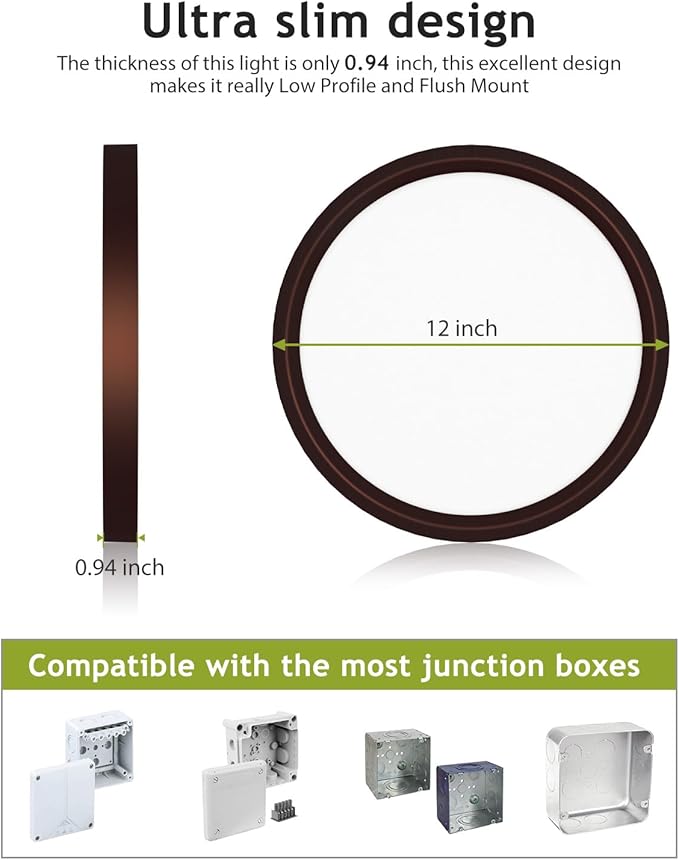 hepside 1PACK Flush Mount LED Ceiling Light Fixture Oil Rubbed Bronze, 12Inch 28W, Dimmable 3000K-4500K-6000K 3 Color Ceiling Lamp 3200LM Low Profile Ceiling Light for Kitchen Bedroom Hallway