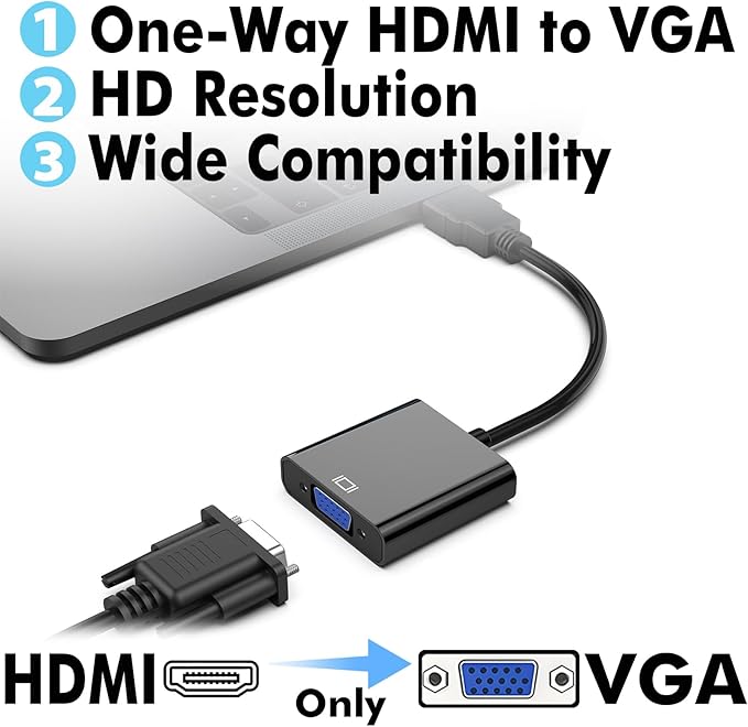 VGA to HDMI Adapter Cable – Uni-Directional 1080P HDMI to VGA Converter for PC, Laptop, Xbox, Roku, TV Box – Gold-Plated, Plug & Play, Monitor Compatible