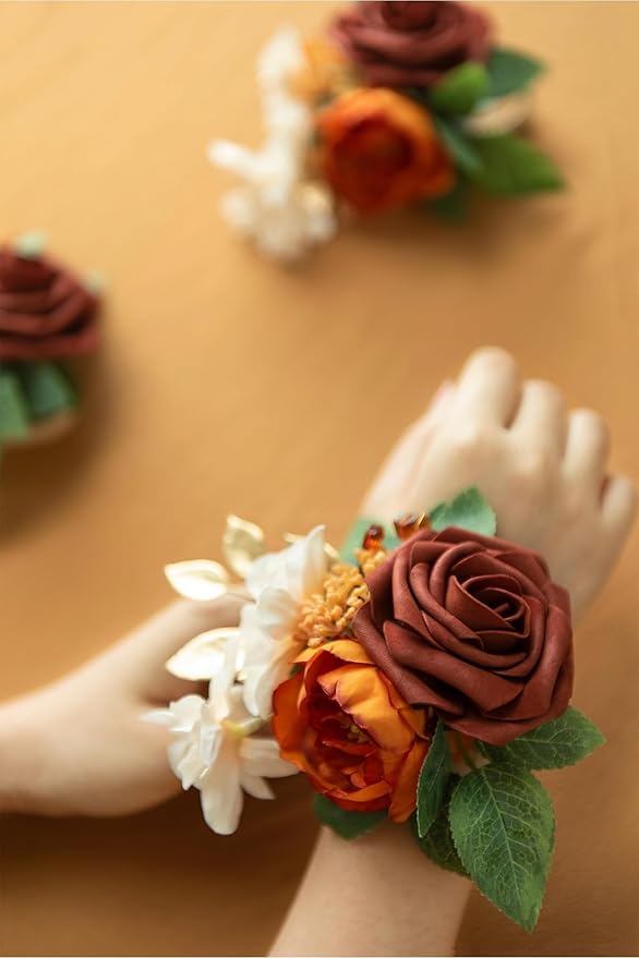 Ling's moment Artificial Flowers Fake Silk Roses Faux Foam Dahlia Combo for DIY Wedding Bouquets Centerpieces Arrangements Bridal Shower Party Home Decorations, Amber & French Orange, 24pcs