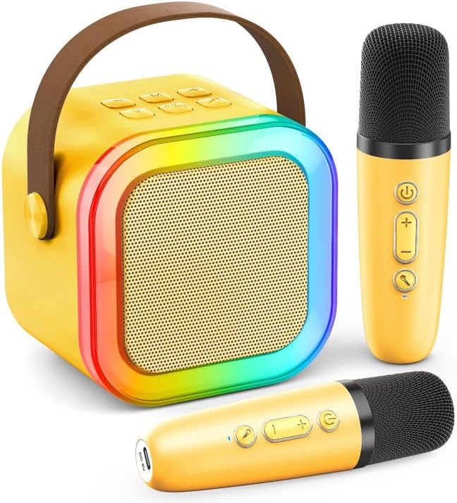 Mini Karaoke Machine for Kids Adults, Portable Karaoke Microphone Singing Speaker Bluetooth Karaoke Player with 2 Wireless Mic, Birthday Gifts for Girls Boys 4-12 Year Old, Family Home Party(Yellow)
