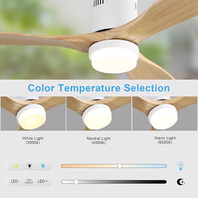 Sofucor 52 Inch Ceiling Fans with Lights, Solid Wood Ceiling Fan with Light Remote Control, Flush Mount Indoor/Outdoor Ceiling Fans, Reversible DC Motor, 3 Blade Ceiling Fan Light for Bedroom Patio