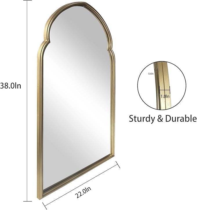 ironsmithn Arched Wall Mirror, Gold Bathroom Mirror, Wall Mounted Decorative Mirror, 38" x 22" Modern Art Oblong Mirror for Master Bath Half Bath Living Room Bedroom Fireplace Entryway