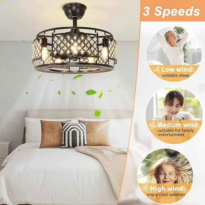 DLLT Caged Ceiling Fans with Lights: 18" Bladeless Industiral Fandelier with Light for Bedroon Living Dining Room - Black Crystal Ceiling Fan with Remote - Modern Chandelier with Fan Kitchern