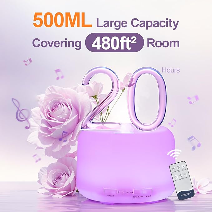 Diffusers for Essential Oils Large Room 500ML+6 Oil Set, Bluetooth Speaker+Remote+8 RGB Lights Essentail Oil Diffuser, Easy to Use & 23Db 100% Quiet Oil Diffuser Large Room, Diffusers for Home