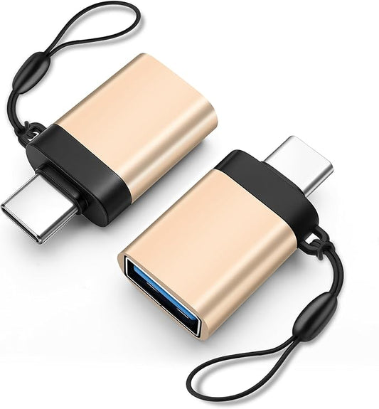 USB-C to USB-A Adapter (2-Pack), USB3.0 Data Transfer and Interface Conversion, Charging, OTG Support with Anti-Loss Cord - Gold