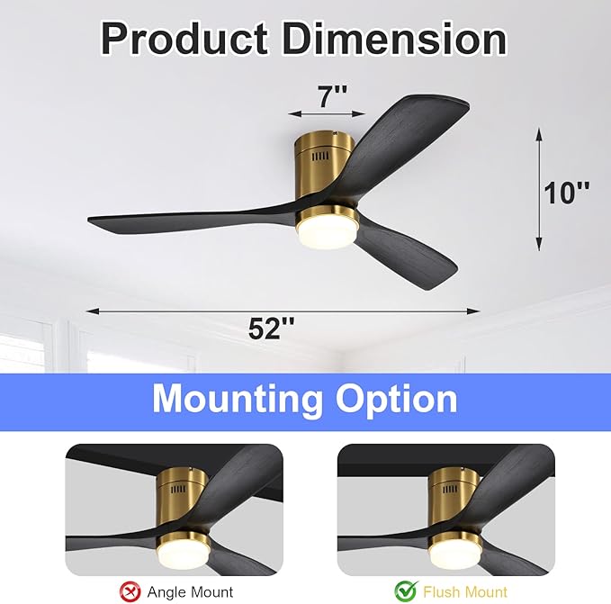 Sofucor 52 Inch Ceiling Fans with Lights, Flush Mount Black Indoor/Outdoor Ceiling Fan with Light Remote Control, Reversible DC Motor, 3 Blade Solid Wood Ceiling Fan Light for Bedroom Patio Farmhouse