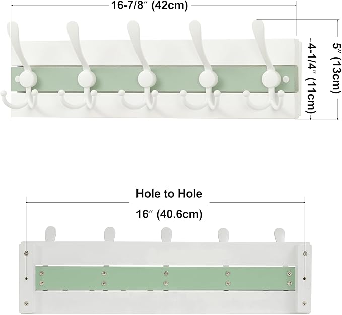 SKOLOO Coastal Wall Mounted Coat Rack - 17" Beach House Entryway Wooden Coat Hook with 5 Hooks for Hanging Coats, Hats or Towels, Oceanfront Cottage Core Collection, White & Green