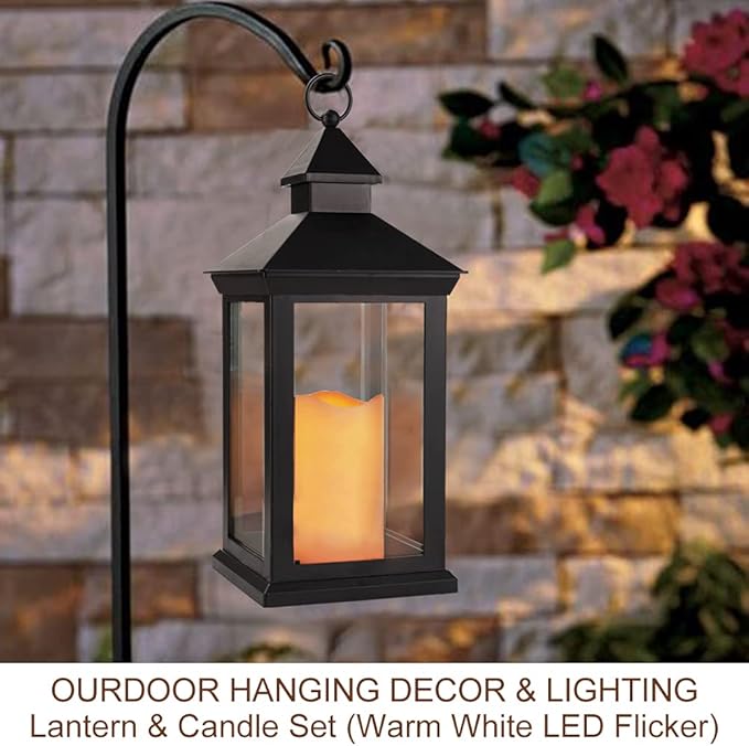 Bright Zeal 2-Pack 14" Decorative Candle Lantern Black Outdoor Lanterns with Timer Candles - IP44 Waterproof Vintage Lanterns Battery Powered LED Decorative for Wedding - Warm White Hanging Wall