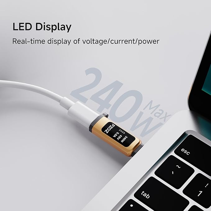 pzoz USB C Extender Adapter, Type C 240W Power Delivery Male to Female, 40Gbps Data Transfer, 8k@60Hz Video with LED Smart Display, Compatible with MacBook, iPad, Thunderbolt 4/3