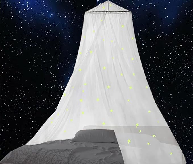BCBYou Mosquito Net Canopy with Glow in Dark Stars for Baby, Kids, and Adults - Cover The Crib, Kids Bed, Full Size Bed (White)