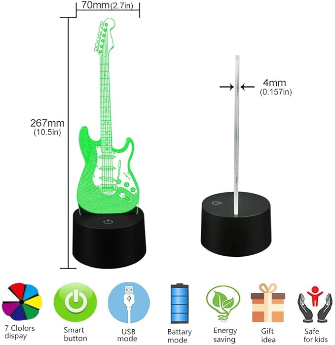 AZIMOM 3D Illusion Lamp Electric Guitar Remote Control 16 Colors Night Light for Kids Smart Touch Bedside Lamps Bedroom Decoration Boys & Girls Women Birthday Gifts