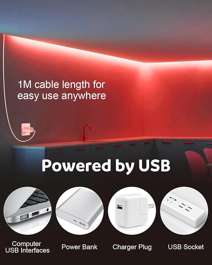 Aclorol COB LED Strip Light 5V USB Powered COB Led Light Red 3.28FT 320Leds CRI85+ Flexible Led Light Strip 1M for TV Wall Secretaire Cabinet Bed Lighting and Other DIY Lighting