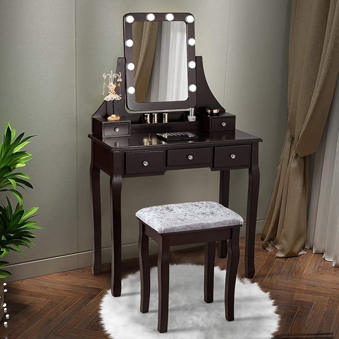 CHARMAID LED Vanity Desk with Lighted Mirror, 10 Dimming Bulbs, 5 Drawers, 3 Storage Organizers, Makeup Vanity Desk with Stool, Bedroom Dressing Table, Gift for Girls Women (Espresso)