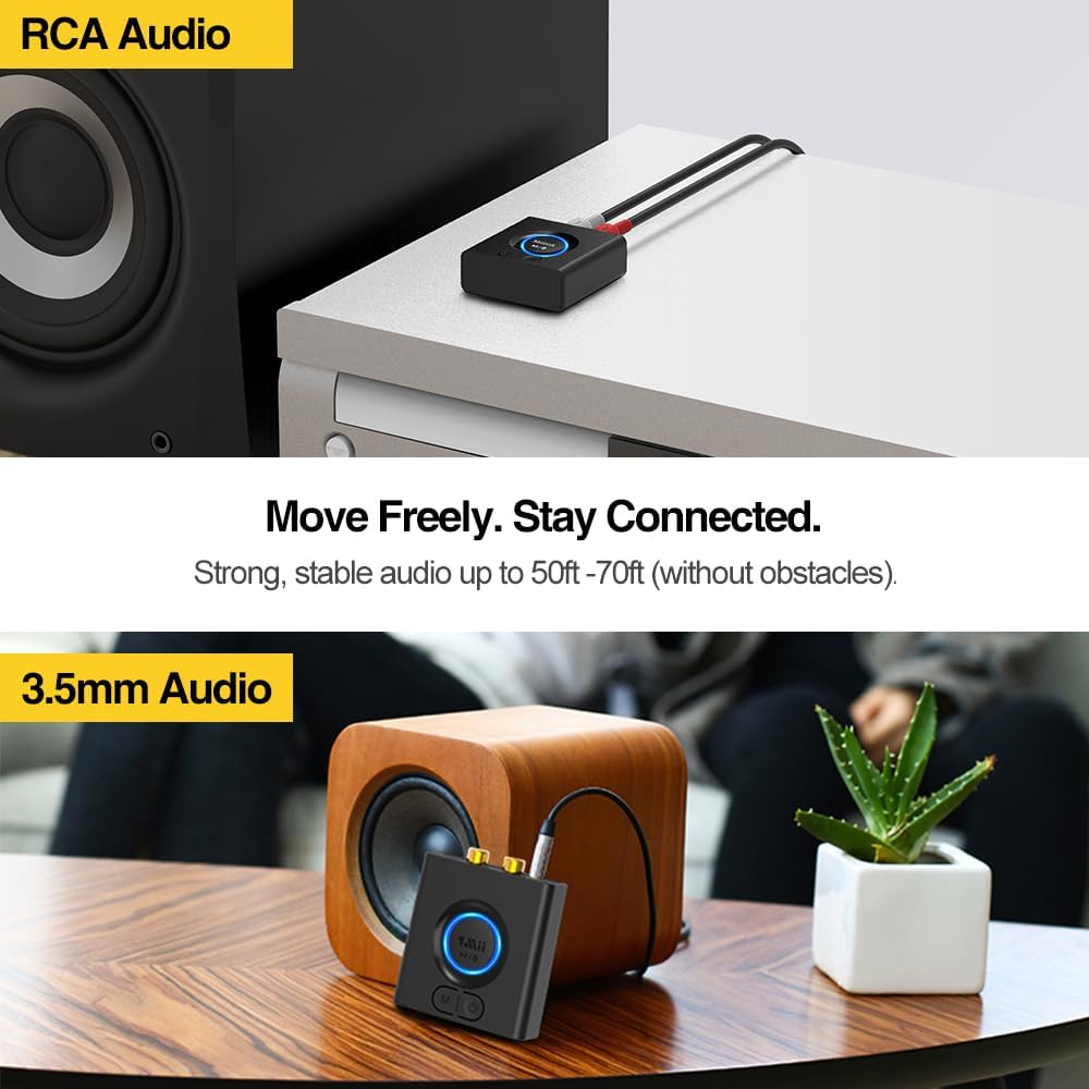 1Mii 12H 5.1 Bluetooth Receiver for Home Stereo, Wireless AUX & RCA Adapter, Dual Device Pairing, Playtime, Bass Boost