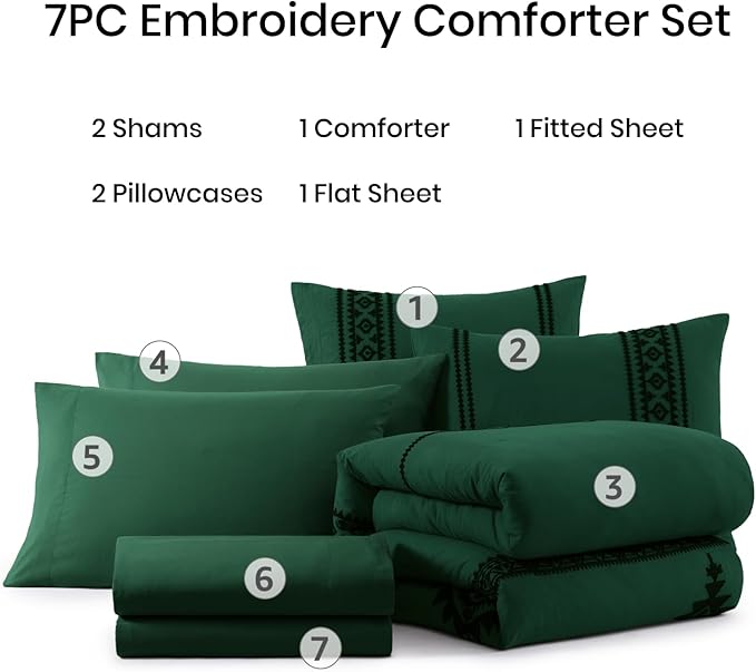 MaiRêve Embroidery Full Size Comforter Set Emerald Green, Farmhouse Western Boho Bedding Set 7 Pieces, All Season Bed in A Bag Comforter Set with Sheets, Pillowcases & Shams