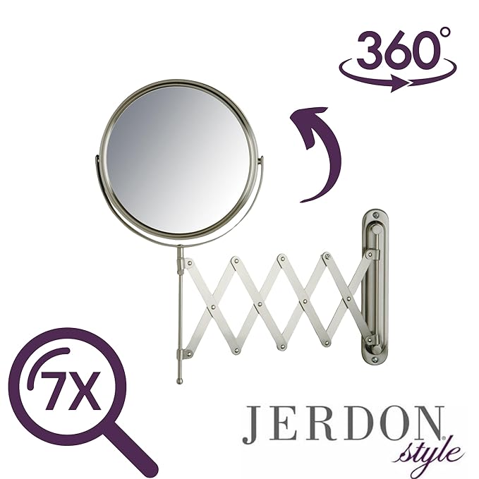 JERDON Two-Sided Wall-Mounted Makeup Mirror - Makeup Mirror with 7X Magnification & Extendable Arm - 8-inch Diameter Mirror with Nickel Finish Wall Mount - Model JP2027N