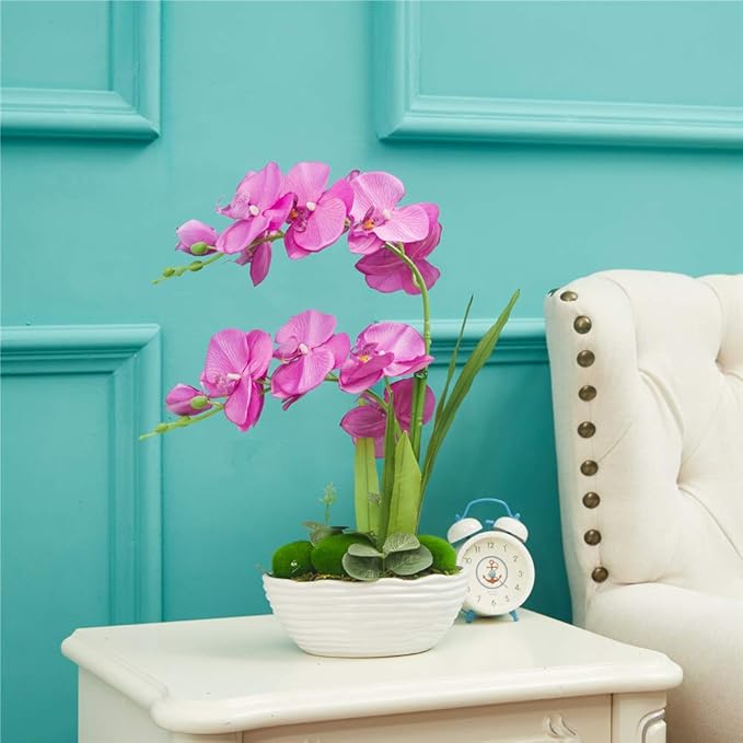 Large Artificial Potted Orchid Plant, Silk Flower Arrangement with Ceramics Vase, Purple Red
