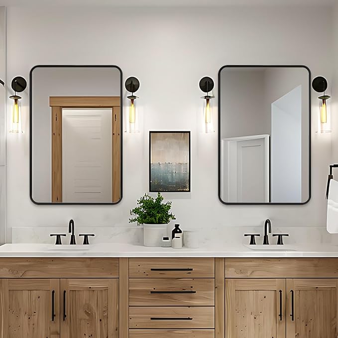 ANDY STAR 40X32 Inch Black Bathroom Mirror, Black Bathroom Vanity Mirrors for Wall, Rounded Rectangle Mirror for Bathroom, Seamless Tube Metal Frame, 1’’ Deep Wall Mounted Vertical/Horizontal