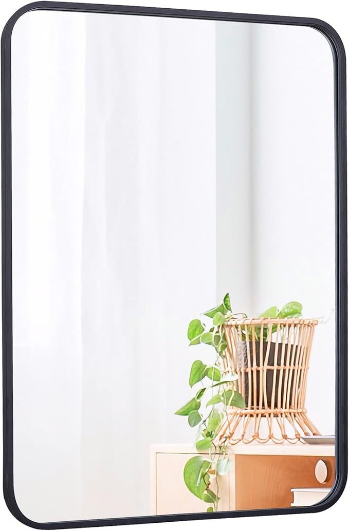 SUPER DEAL 22x30 Inch Black Wall Mirror for Bathroom, Wall Mounted Rectangular Entryways Decor Vanity Mirrors with Stainless Steel Metal Frame and Rounded Edge