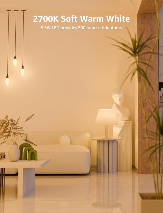 Lepro Led Chandelier Bulbs 60w Equivalent,E12 Dimmable Candelabra Bulbs for Ceiling Fan and Chandelier, 500lm 2700k Soft White Filament Bulbs,Type B Base, Ultra Energy Saving, Long Lifespan, 6-Pack