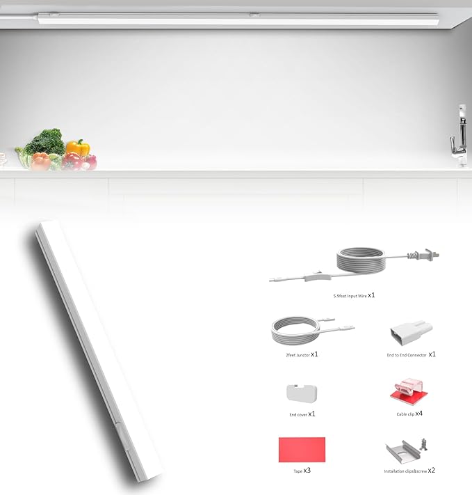 Under Cabinet Lighting Plug in, 12 Inch 1 Pc, Linkable AC120V 3CCT 3000K/4000K/5000K Ultra Slim, LED Under Cabinet Lights for Counter Light, Kitchen, Shelf, Sink, Workshop, Desk, White