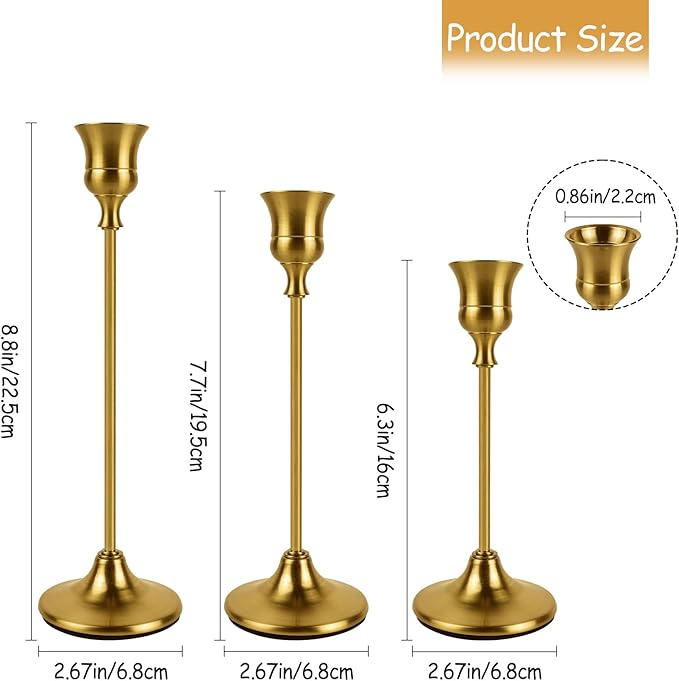 Brass Gold Candlestick Holders Set of 3, Metal Taper Candle Holders, Classic Decorative Candle Stick for Christmas, Wedding, Party, Dinner Tables,Home Décor