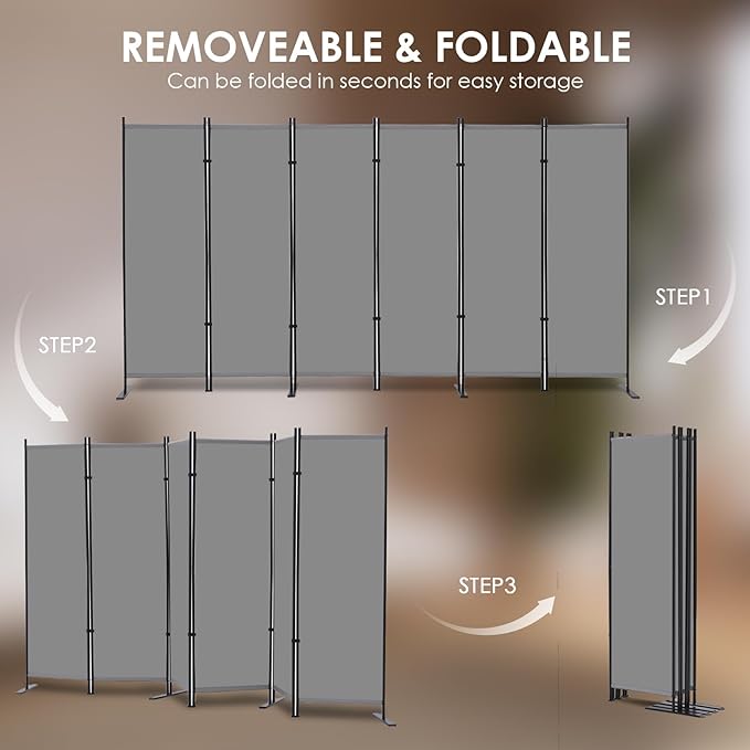 RANTILA 6 Panel Room Divider, 6 FT Folding Privacy Screen with Wide Feet, Freestanding Partition for Room Separation, Portable Room Divider Panel, 133" W x 71" H, Grey
