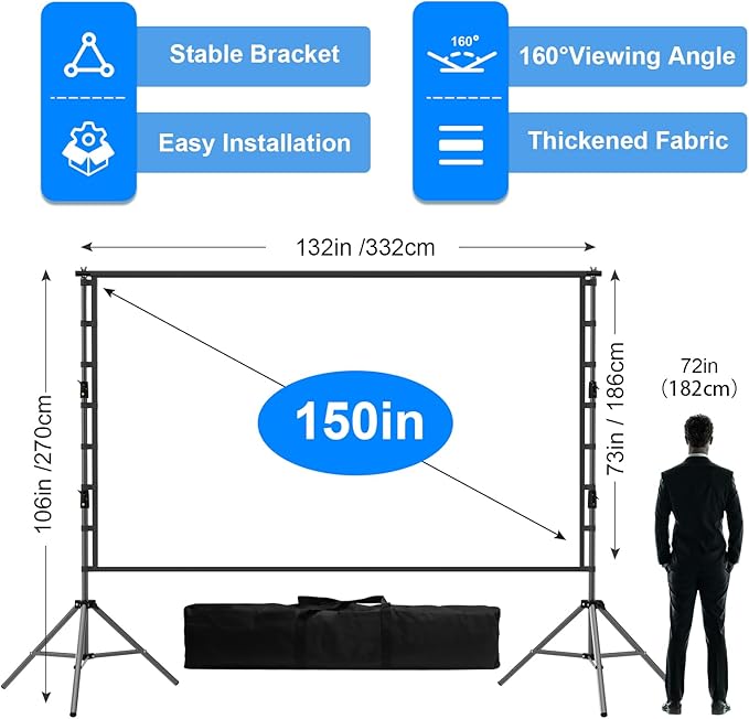 150 inch Outdoor Projector Screen with Stand,DUYIKJ Portable Heavy Duty Bracket Large Projector Screen 16:9 4K HD Rear Front Projection Movie Screen with Carry Bag for Home Theater