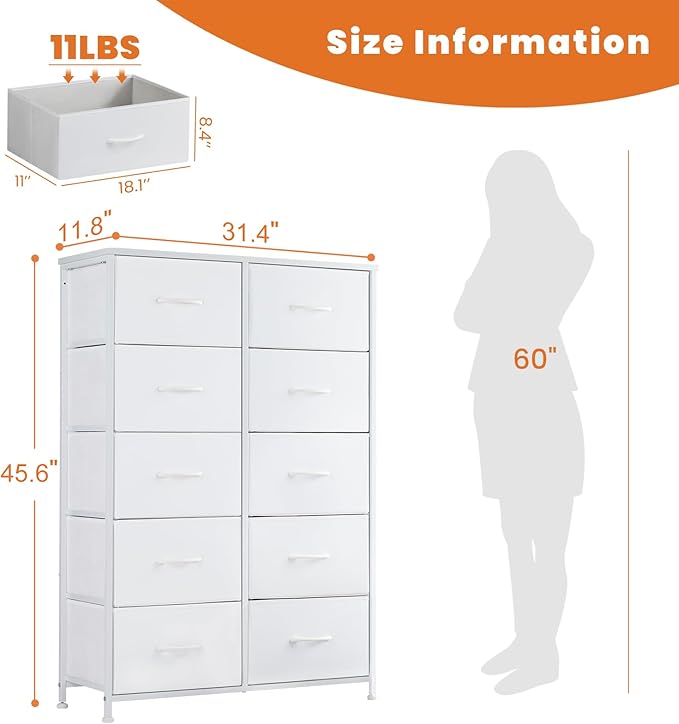 Sweetcrispy 10 Drawer Fabric Dresser Tall Chest Storage Organizer Tower with Cabinet Metal Frame and Wood Top Lightweight Nursery Closet Furniture for Bedroom,Cream White