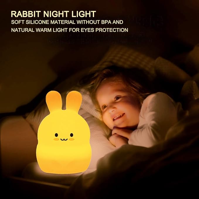 Rabbit Night Light for Kids, Rechargeable LED Children Lamp, Soft Silicone (BPA Free) for Baby/Boys/Girls/Adult, Remote & Touch Control Adjustable Brightness and Colors, Indoors/Outdoors