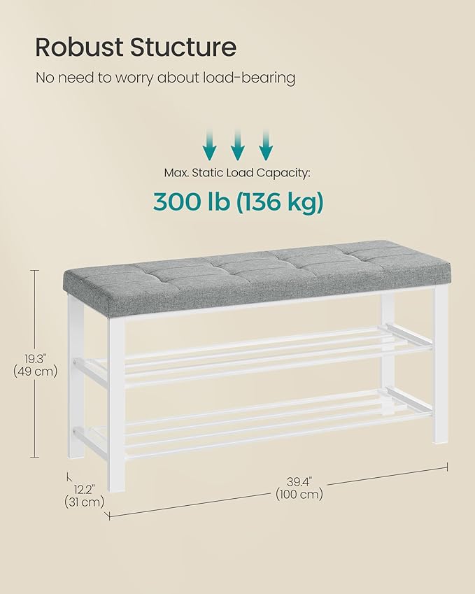 SONGMICS Shoe Bench, Storage Bench, Entryway Bench with Cushion, Shoe Shelf with Seat, Space-Saving, Modern Style, for Living Room, Bedroom, Hallway, Dove Gray and Cloud White ULBS579W01