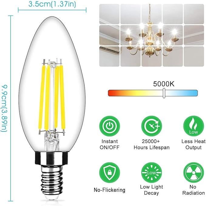 12-Pack Dimmable E12 LED Candelabra Bulbs 40Watt Equivalent, 5000K Daylight White, 450Lumens, 4W B11 Vintage Chandelier Light Bulbs, LED Filament Clear Glass Candle Lamp for Ceiling Fan Home Decor
