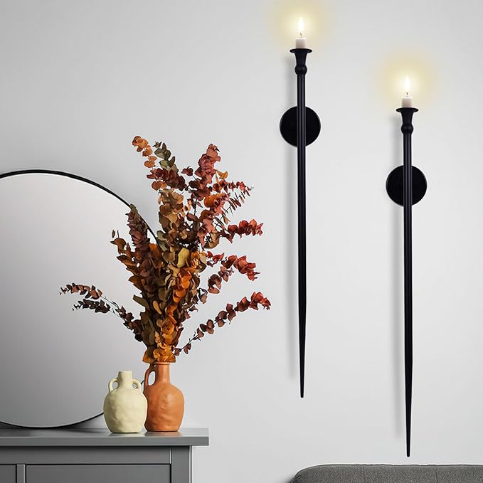 Candle Sconces Long Wall Candle Holder - Set of 2 Black Long Wall Candle Sconce Retro Chic Wall Sconces Candle Holder Decoration for Dining Room, Living Room, Office, Bathroom