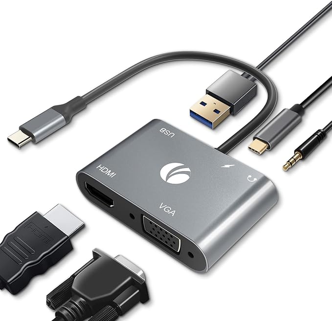 VCOM USB C to HDMI VAG Adapter, 5-in-1 USB C Hub with 100W Power Delivery, 4K HDMI, 1080P VGA, USB 3.0 Port, OTG Adapter Compatible with MacBook Air, iPad Pro, Dell XPS, Surface Pro (Grey)