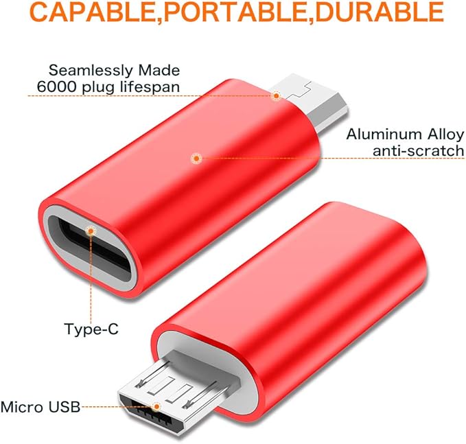 JXMOX USB C to Micro USB Adapter, (4-Pack) Type C Female to Micro USB Male Convert Connector Support Charge Data Sync Compatible with Samsung Galaxy S7/S7 Edge, Nexus 5/6 and Micro USB Devices (Red)