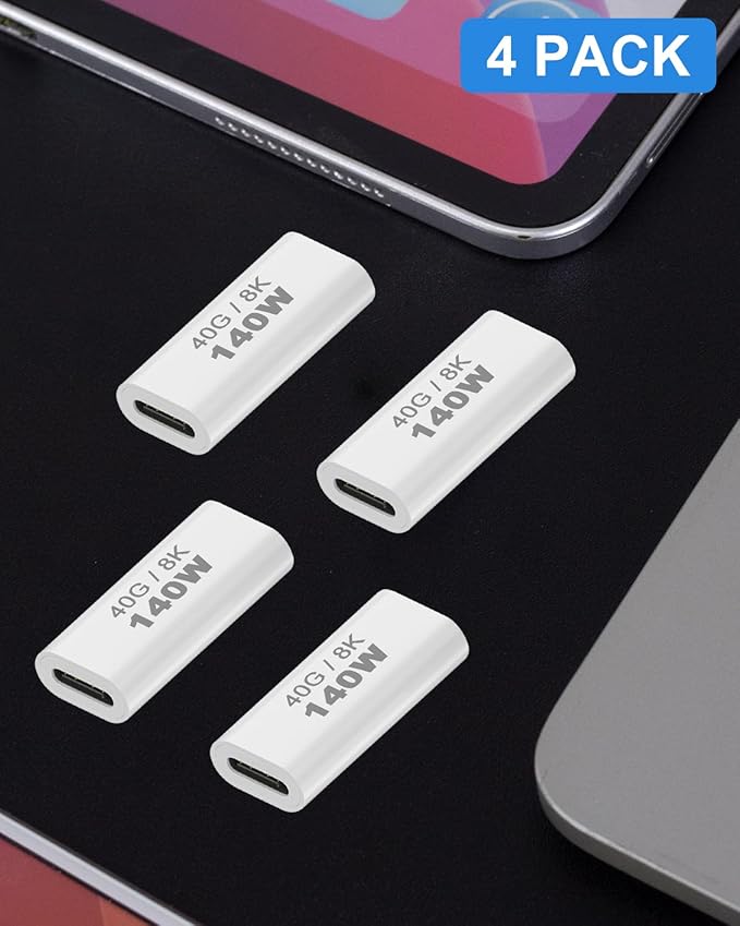Danfetsoy 140W USB C Female to Female Adapter, 40Gbps USB C to Coupler, Type C Connector Extender for Smartphones, Laptops, Tablets, projectors, Monitors, etc (4 Pack)