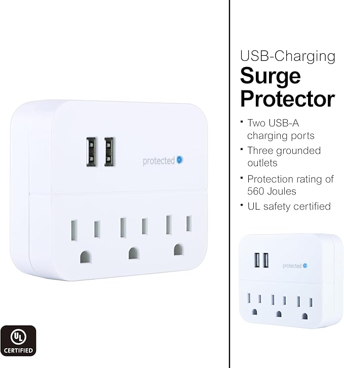GE 14512 Surge Tap, 3 Outlets, 450J, USB, 2 Ports, 1.0A, White