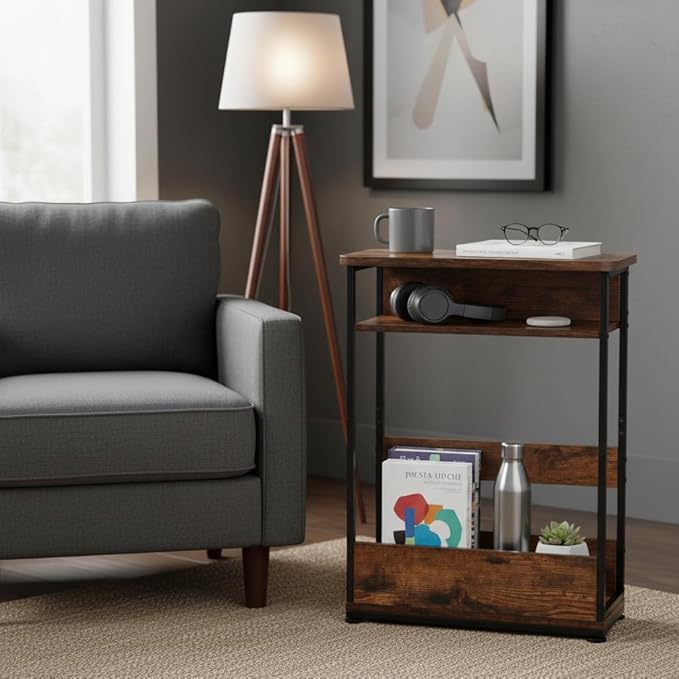 Narrow Side Table,3-Tier Slim End Table with Storage Shelf,Modern Sofa Table Thin Side Table for Narrow and Small Spaces, Skinny Bedside Table Small Nightstand with Magazine Rack Space Saving/Brown