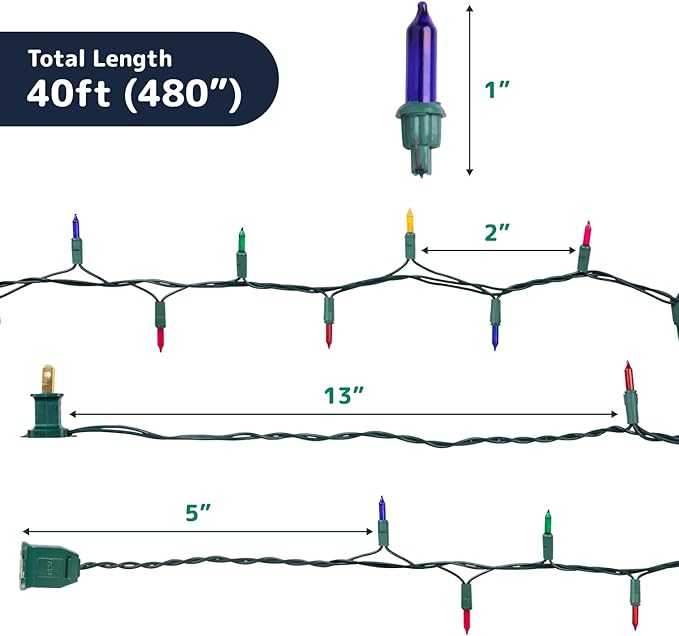 PREXTEX Multi Colored Christmas Tree Light String - Twinkle 200 Lights Mixed Color with Green Wire - 40 ft Outdoor Mardi Gras Lights for Holiday and Indoor Decorations