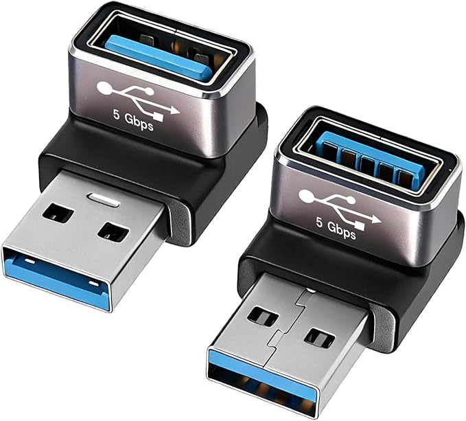 90 Degree USB 3.0 Adapter, Right Angle USB A Male to Female, 2-Pack on to go (OTG), 5Gbps Data Sync, Black, for PC, Laptop, Mouse, Keyboard