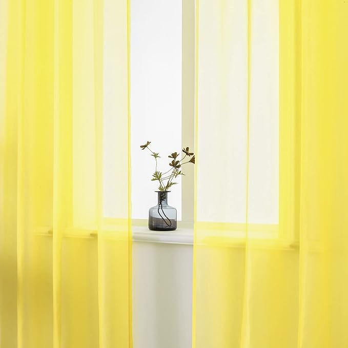 DUALIFE 96 Inches Long Yellow Sheer Curtains 2 Panels Grommet Curtain Panel Voile Drapes Semi Sheer Curtains for Living Room Set Bedroom Solid Bright Yellow Color 52 x 96 Inch Length