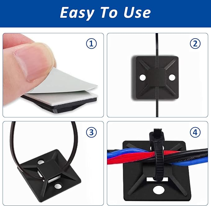100 Set Cable Zip Tie Self Adhesive Mounts Kit with 6" Zip Ties, 3/4" Wire Holders Squares, Screws - Sticky Wire Fasteners Cable Clips Management Anchors Organizer - Black