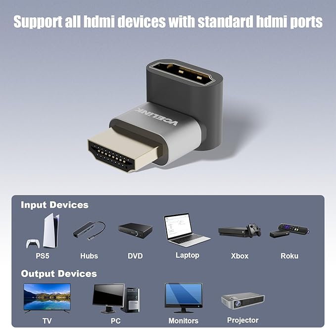 VCELINK HDMI Right Angle Adapter 8K@60Hz, 270 Degree HDMI Adapter Male to Female, HDMI 2.1 Cable with 4K@120Hz, HDR, eARC for for HDTV Switch Laptop PS4 PS5 Xbox, 2-Pack