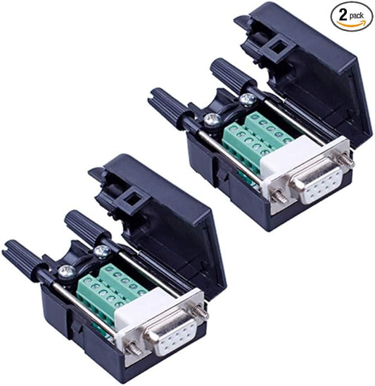 2PCS DB9 Solderless RS232 D-SUB Serial to 9-pin Port Terminal Male Adapter Connector Breakout Board with Case Long Bolts Tail Pipe (2PCS Female)