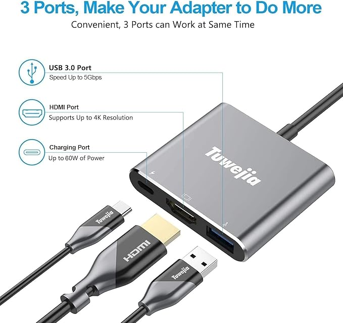 Tuwejia USB C to HDMI Multiport Adapter USB 3.1 Gen 1 Thunderbolt 3 to HDMI 4K Video Converter/USB 3.0 Hub Port PD Quick Charging Port with Large Projection