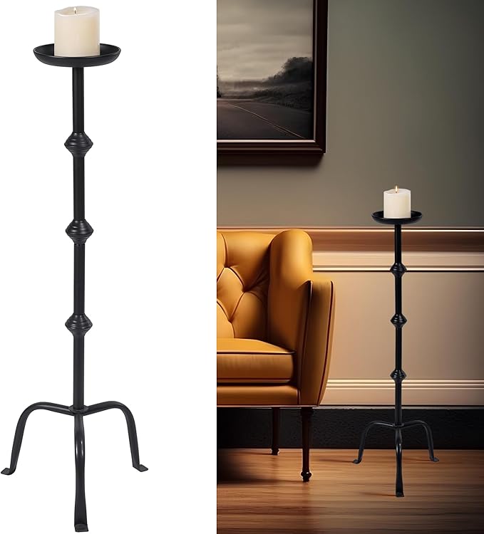 Mumufy 1 Pcs Metal Candlestick Floor Pillar Candleholder Elegant Tall Candleholder Metal Candelabra Candlesticks Holder for Formal Events Wedding Church Holiday Decor (32 Inch,Black)