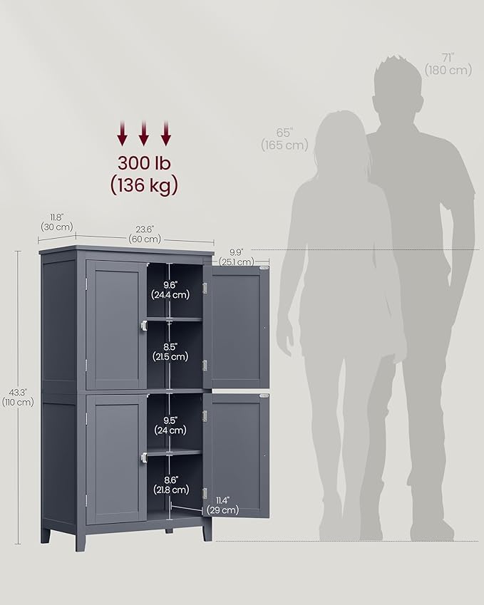 VASAGLE Floor Storage Cabinet, Freestanding Storage Unit with 4 Doors, Adjustable Shelves, 11.8 x 23.6 x 43.3 Inches, for Entryway, Bathroom, Slate Gray UBBC552G01